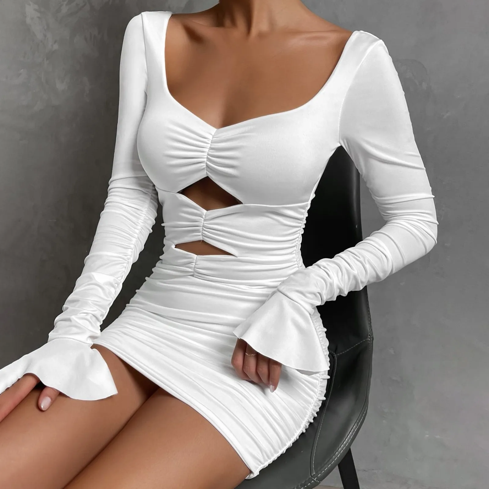 

Fancy Dress For Adults Solid Color Long Sleeve Ruched Hollow Out Hip Wrap Sexy Dresses For Women Casual Mini Dresses Clubwear