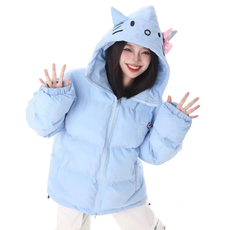 2024 New Hello Kitty Hooded Padded Down Coat Clothes for Women Cute Sweet Winter Warm Loose Zipper Parkas Jackets