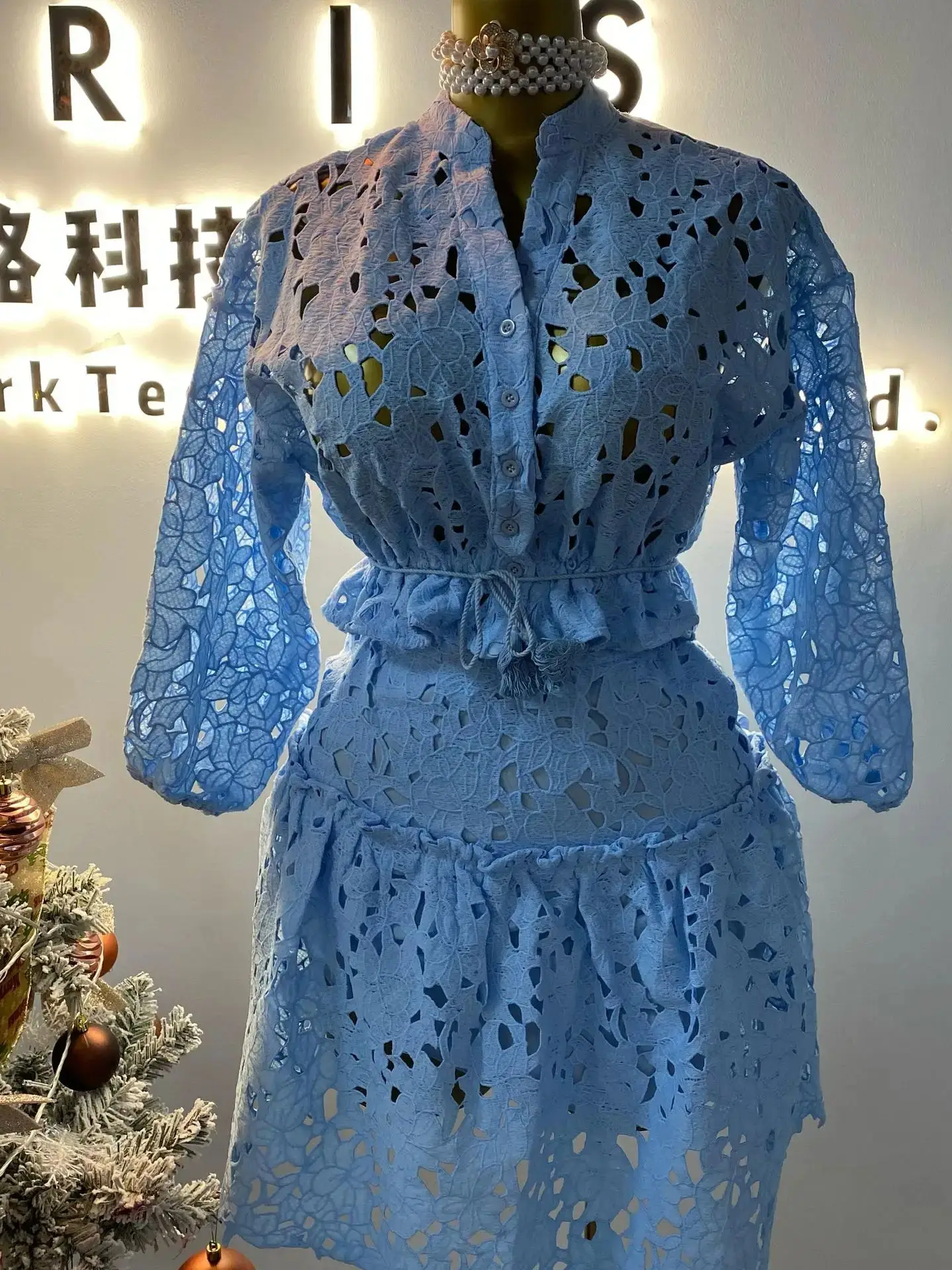 

V-neck hollow embroidery lantern sleeves women's short top two-piece set high waist slim A-line skirt-GZKK009