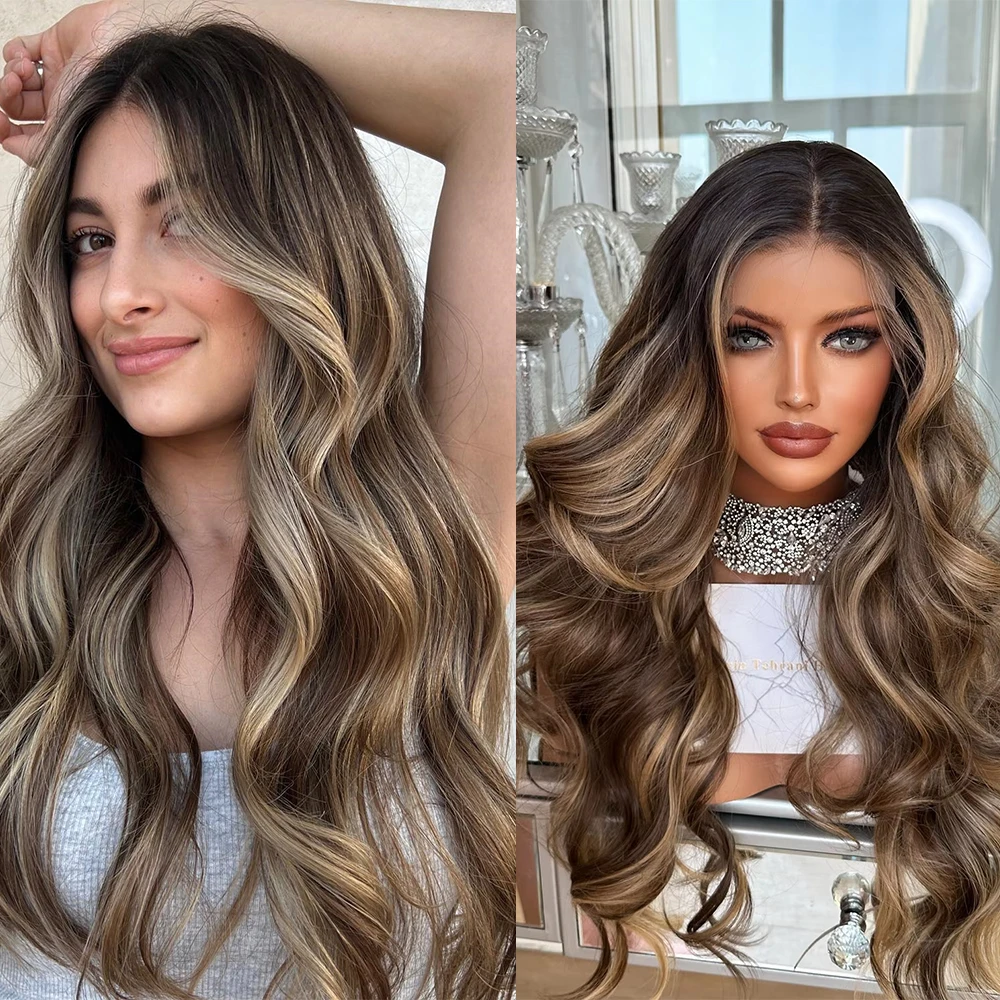 chestnut-brown-highlight-lace-front-wig-soft-wave-heat-resistant-synthetic-realistic-wig-daily-cosplay-use-human-hair-mixed-wig