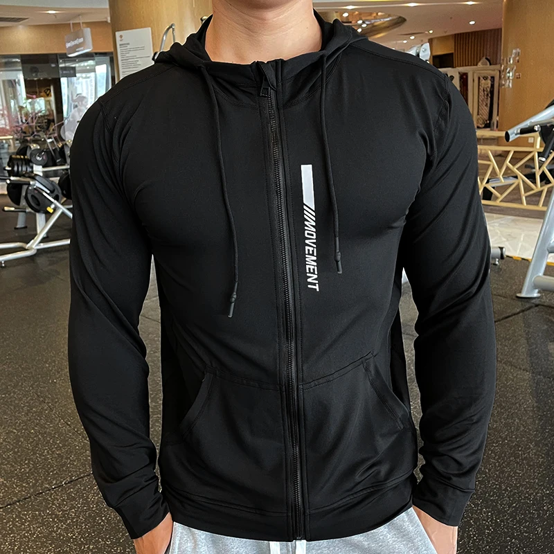 Men\'s Sports Hoodies Quick Dry Elastic Hooded Male Fitness Running Jackets Outdoor Gym Coats Casual Workout Sportwear Sunscreen