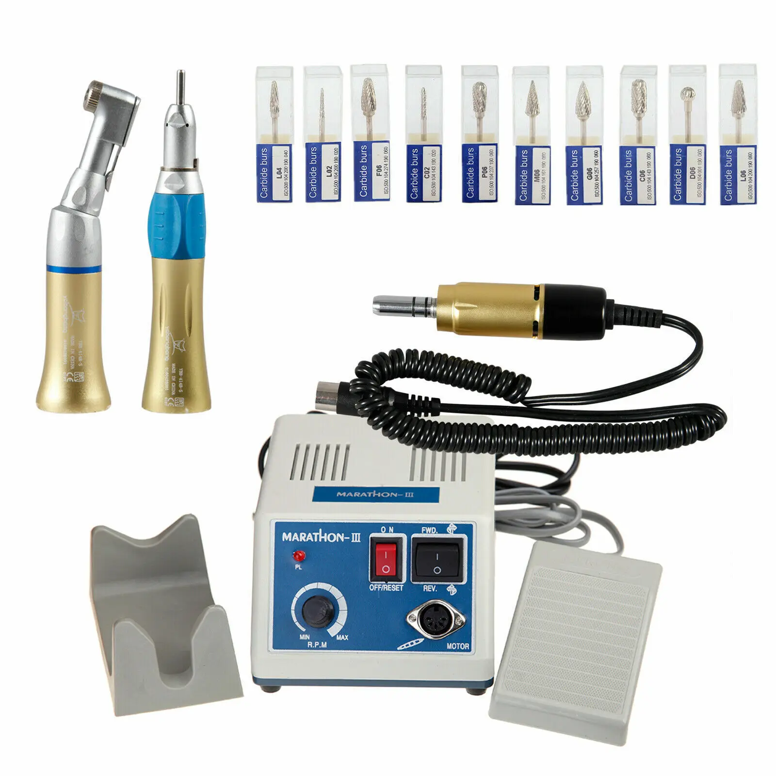 

Dental Lab 35K RPM Marathon Micro motor N3 Contra Angle Straight Handpiece 10 pcs Tungsten Carbide Drill Burs Gold Color