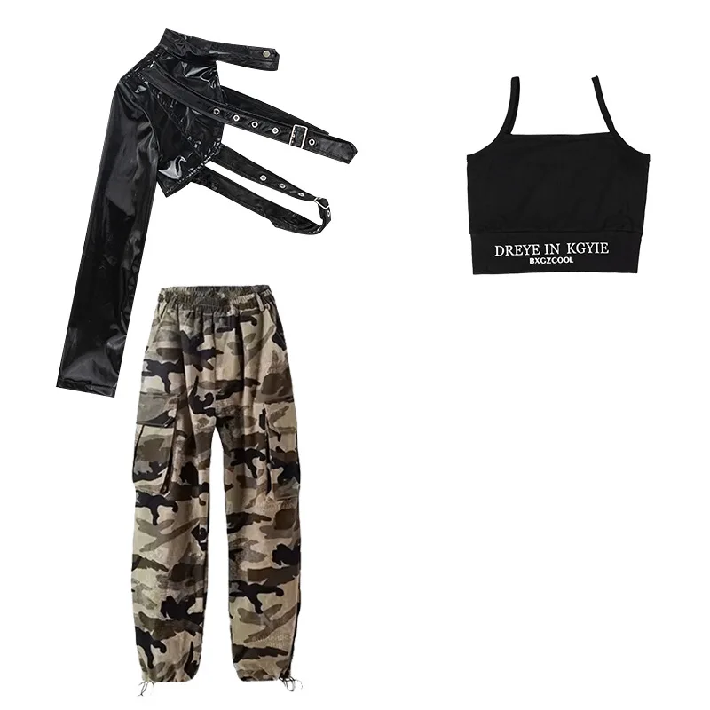 Mädchen Hip Hop Crop Top Manschette Camouflage Cargo Hosen Kleidung Sets Kind PU Leder Street Dance Jogger Kinder Streetwear Kostüme