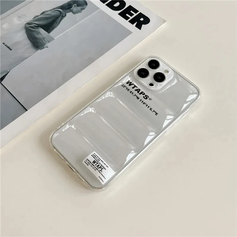 Shockproof transparent Japan luxury Wtaps Down Jacket label phone case for iPhone 14 12 13 11 15 Pro Max fashion soft back cover