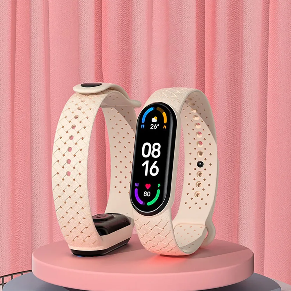 Soft Silicone Replacement Band Compatible Xiaomi Mi Band 3 4 5 6 7 Woven Pattern Hollow Ventilation Smart Watch Strap