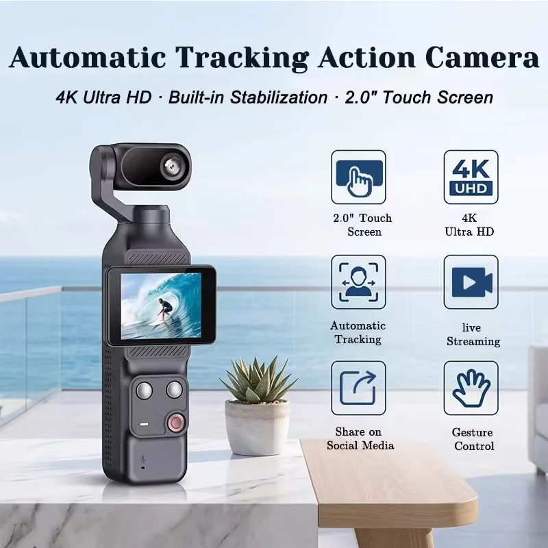 4K/1080P Gimbal Action Camera Handheld Cam 4K 2.0“ Touchscreen EIS Pocket Wifi Camera 355°  Auto Face Tracking Video Recorder