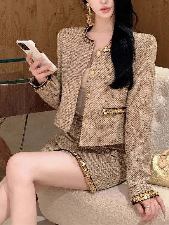

Shiny Sequin Tweed High Waist A-Line Skirt And Jacket Set French Style Fashion Ensemble for Women Autumn Winter Season