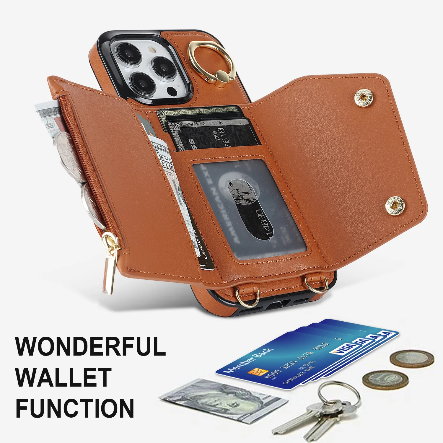 Etui na telefon z paskiem na ramię do iPhone 18 Pro Max 17 14 13 12 11 15 16 Pro Max Plus, damskie, skórzane, z kieszenią na karty i smyczą. — zdjęcie produktu 4