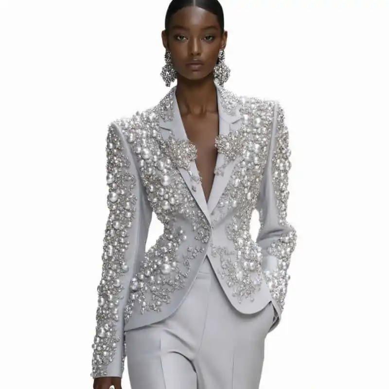 Fashion Show Luxury Women Pants Sets Formal Big Pearls Ladies Prom Birthday Party Wear Outfit Flared Trousers 2 Pieces Customize