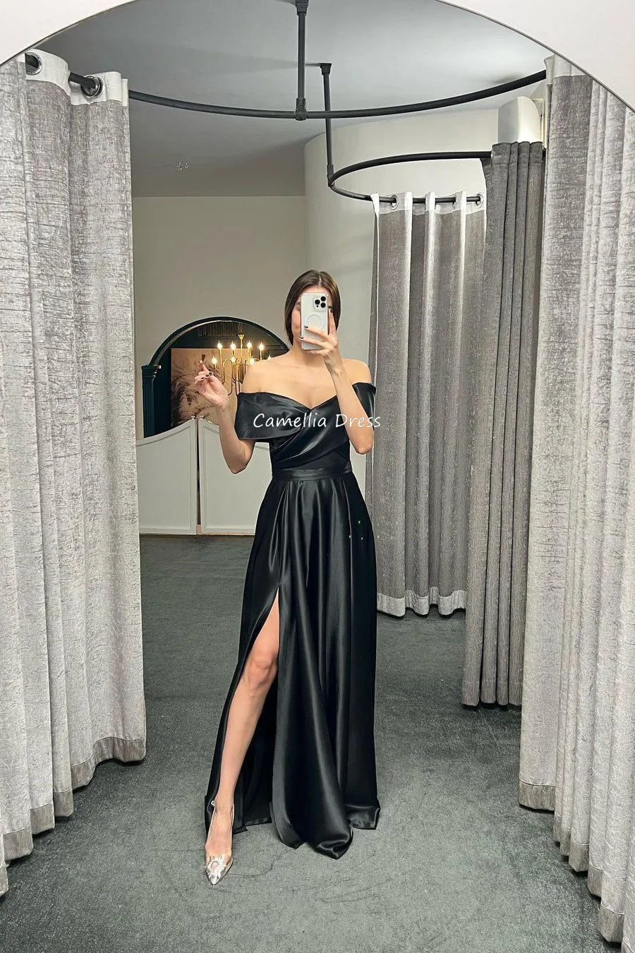 Glamorous Off The Shoulder Prom Dress With Split Evening Dresses Elegant Satin Floor Length 2023 Modern Evening Dress