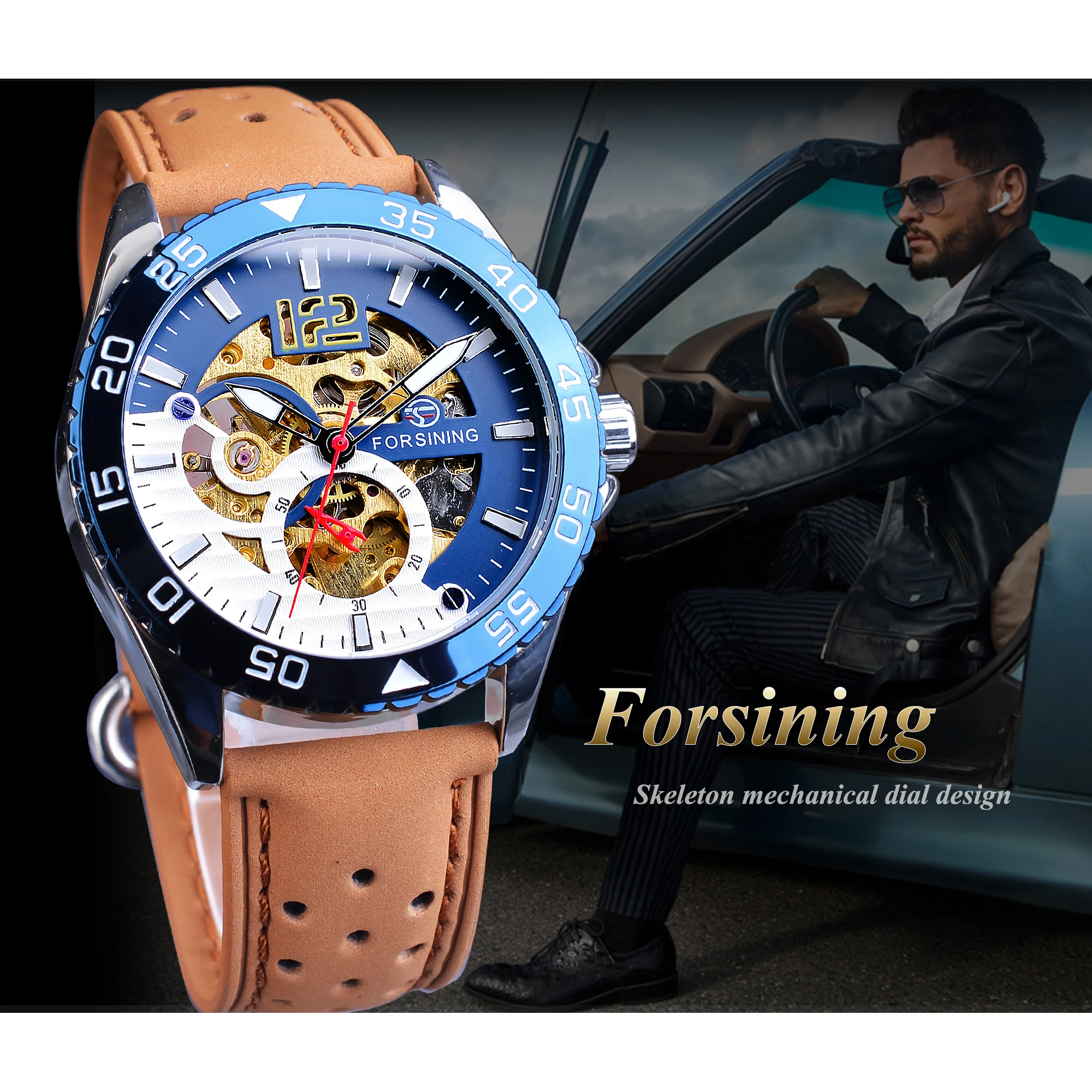 Fashion Forsining Brand Unique Men Watch Automatic Creative Half Blue White Hollow Dial Genuine Leather Mechanical Clock Relojes