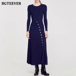 BGTEEVER Autumn Winter O-neck Slim Waist Female Sweater Dress Elegant Long Sleeve Buttons Ladies Knitted A-line Dress
