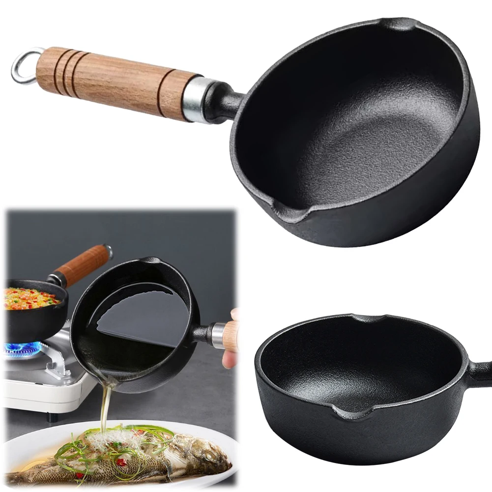 

11/13cm Household Frying Pan Wood Handle Cast Iron Mini Egg Frying Pan Nonstick Milk Pan with Pour Spout Hot Oil Pan for Cooking