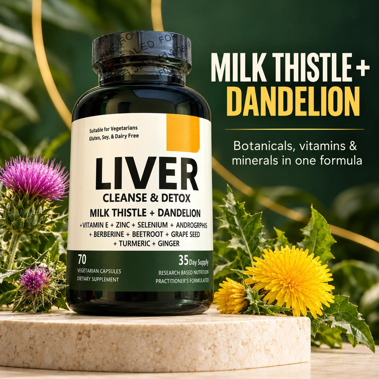 Liver Support Supplement Milk Thistle Dandelion with Vitamin E, Zinc Selenium 70 Vegetarian Capsules for Daily Wellness & Health
