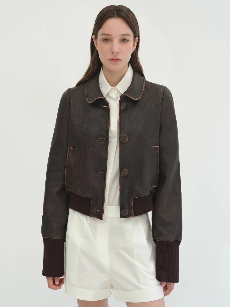 Vintage Kurze Echtes Leder Jacken für Frauen Frühling Herbst High-end-Einfache Schlank Einreiher Echt Schaffell Bomber Mantel