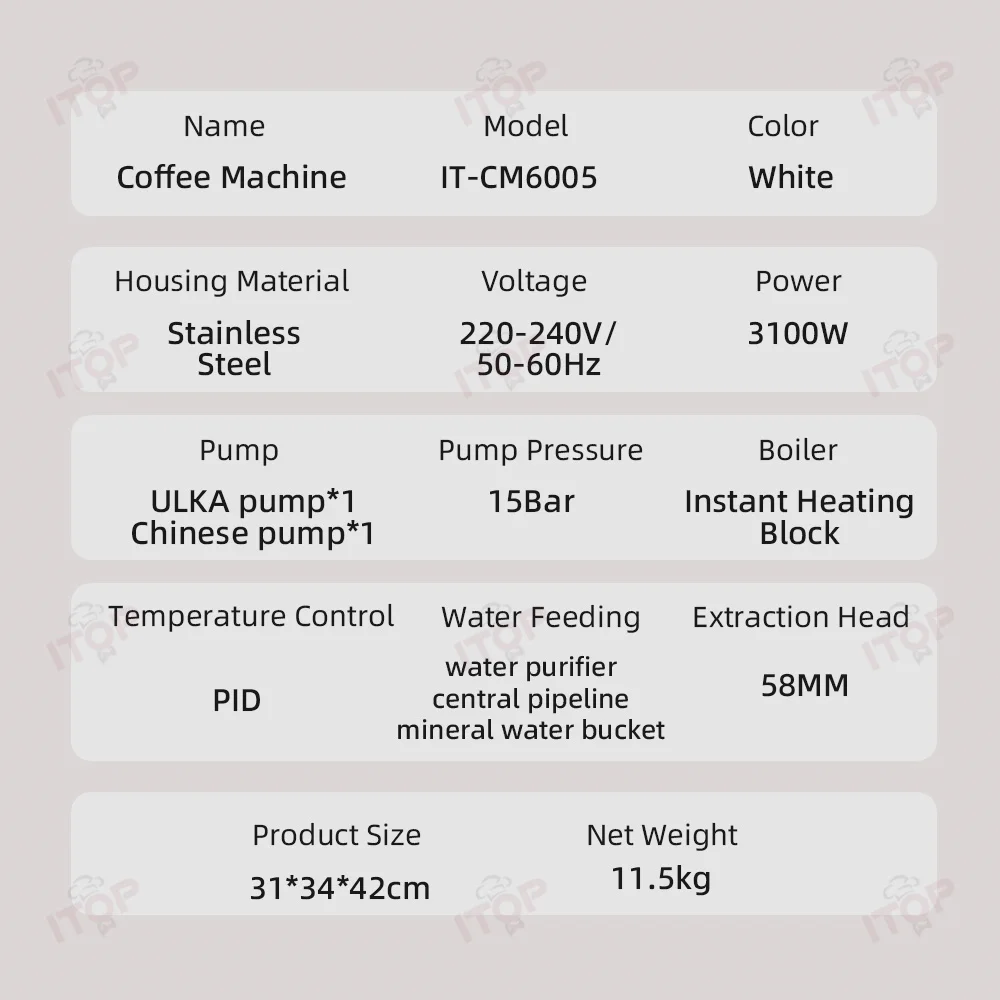 ITOP CM6005 Commercial Household Coffee Machine Double Pump Triple Heating PID Control 3100W Espresso Machine with Microcomputer