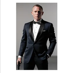 Smokings bleus foncés de style classique pour hommes, inspirés par les hommes trempés portés dans James Bond, veste de mariage, pantalon de marié, nœud noir