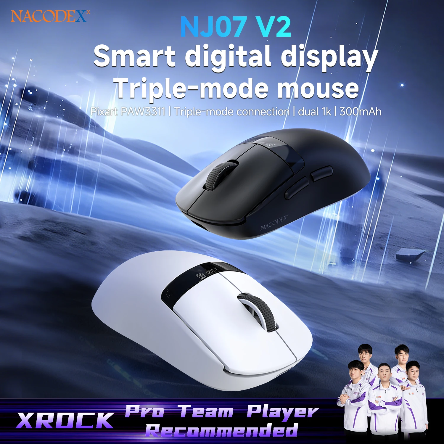 AJAZZ NJ07 V2 Three-Mode Wired/Wireless 2.4G/Bluetooth Gaming Office Mouse with Screen Visualization Lightweight Mouse