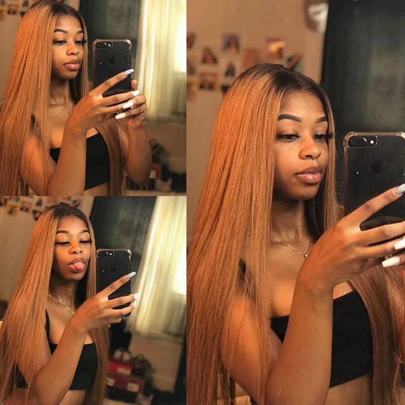 

Soft Long Ombre Brown Straight 26Inch Lace Front Wig For Women With Baby Hair Synthetic Preplucked Glueless Daily