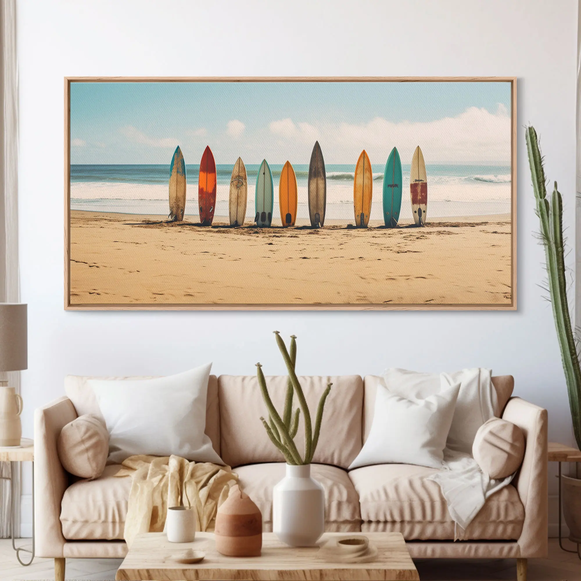 Boho beach decor, frameless canvas print, wall art, vintage surfboards on the beach, living room decor, surfer gift