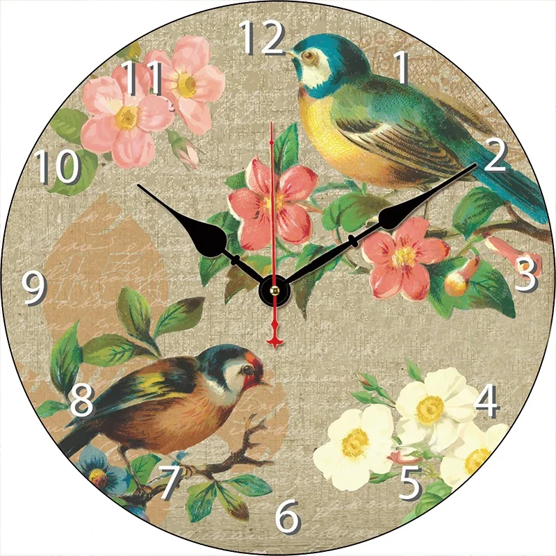 Retro Flowers And Birds Kitchen Round Wall Clock Large Dinning Restaurant Cafe Decor Wall Clock Silent Non-Ticking Nice For Gift