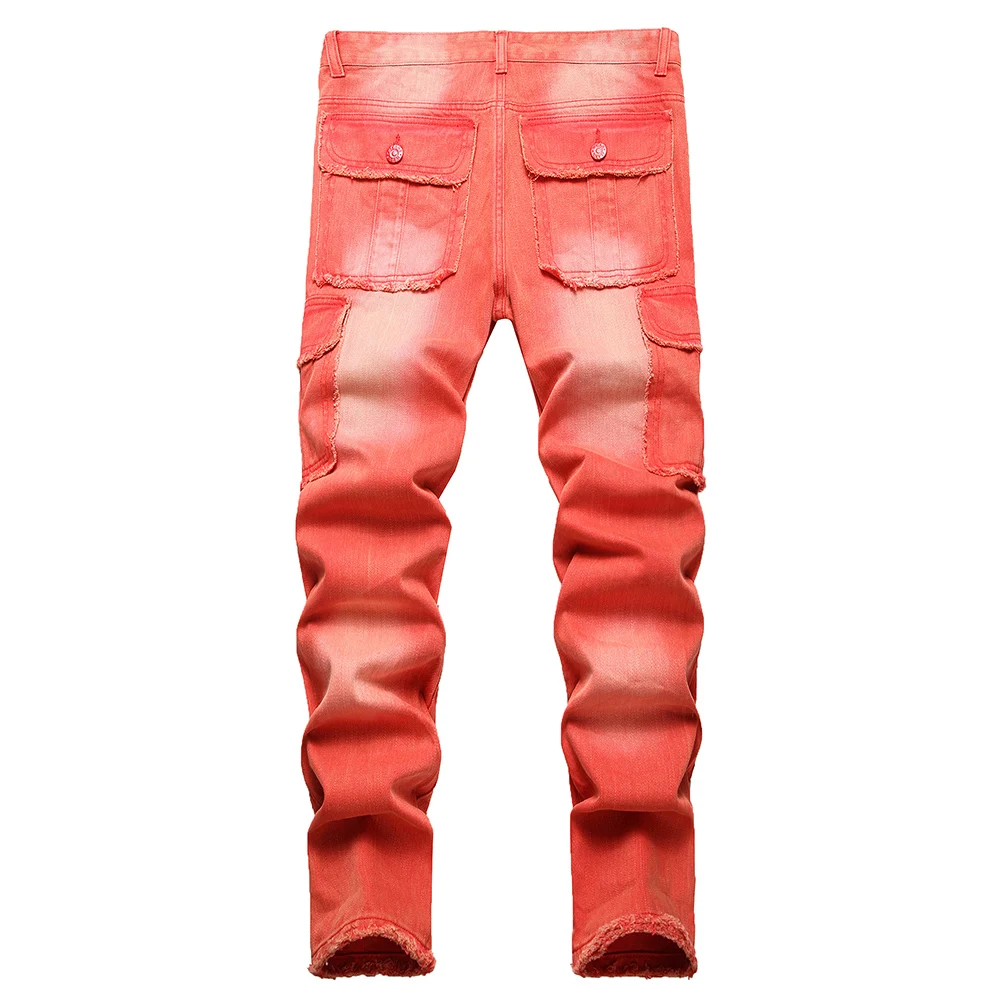 Men Multi Pockets Cargo Denim Jeans Red Fringe Non Stretch Cotton Pants Slim Straight Trousers