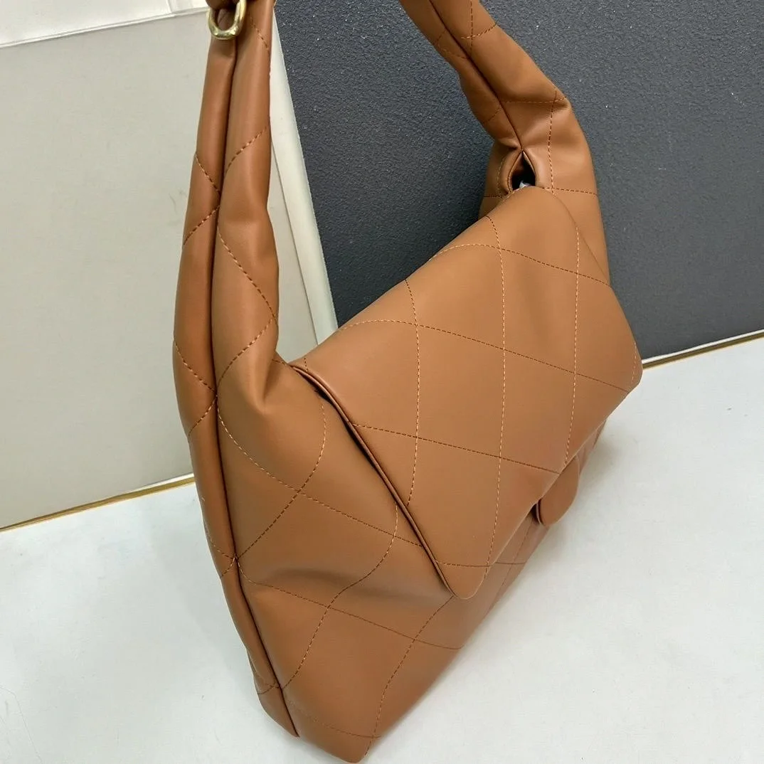 Caramel Quilted Leather Hobo Shoulder Bag for Women, Soft Diamond Stitch Flap Underarm Handbag, Casual Large Capacity Ladies Purse