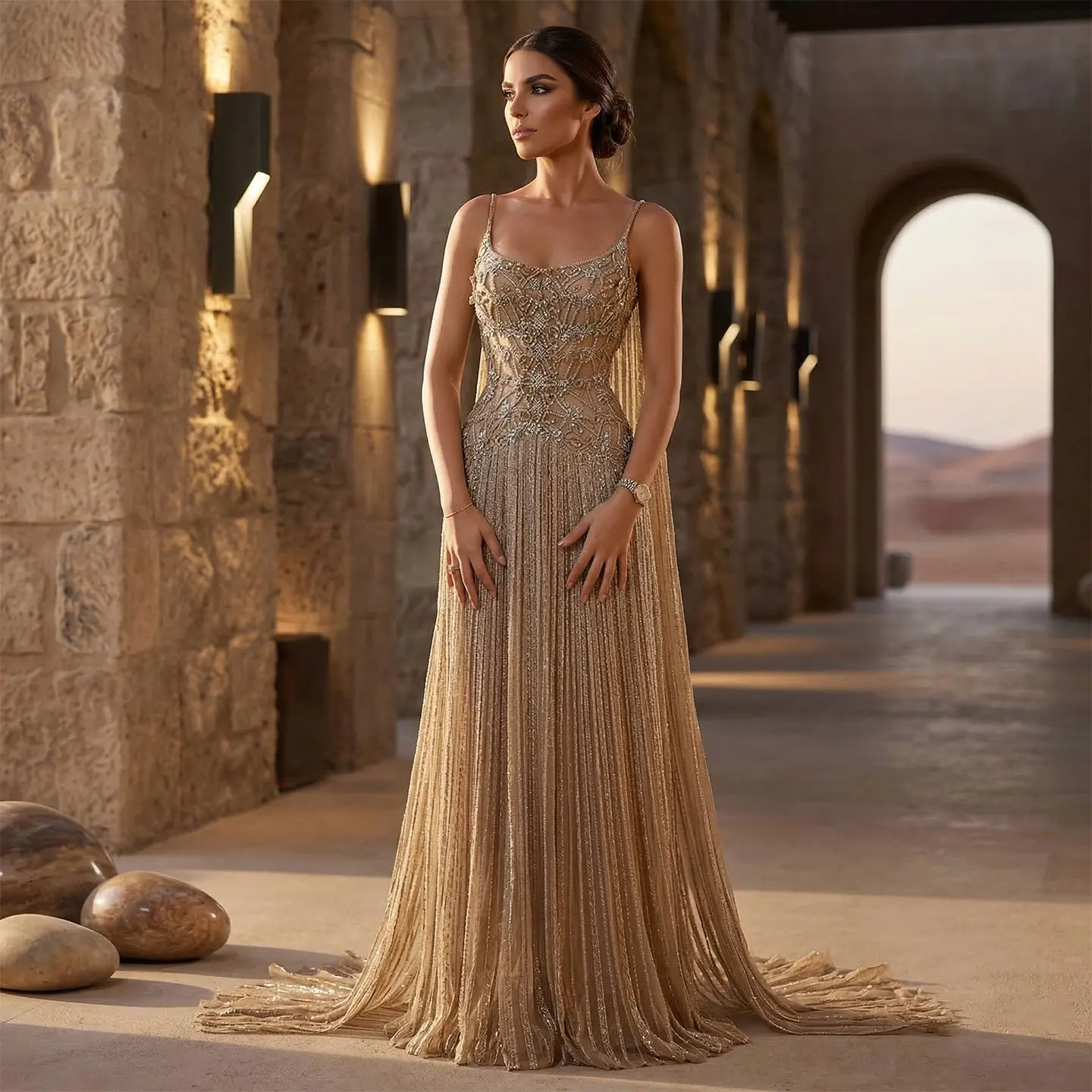 Sharon Said 2026 Dubai Elegant Champagne Spaghetti Strap Evening Dress Heavy Crystal Beaded Women Formal Party Gown SS538 Custom