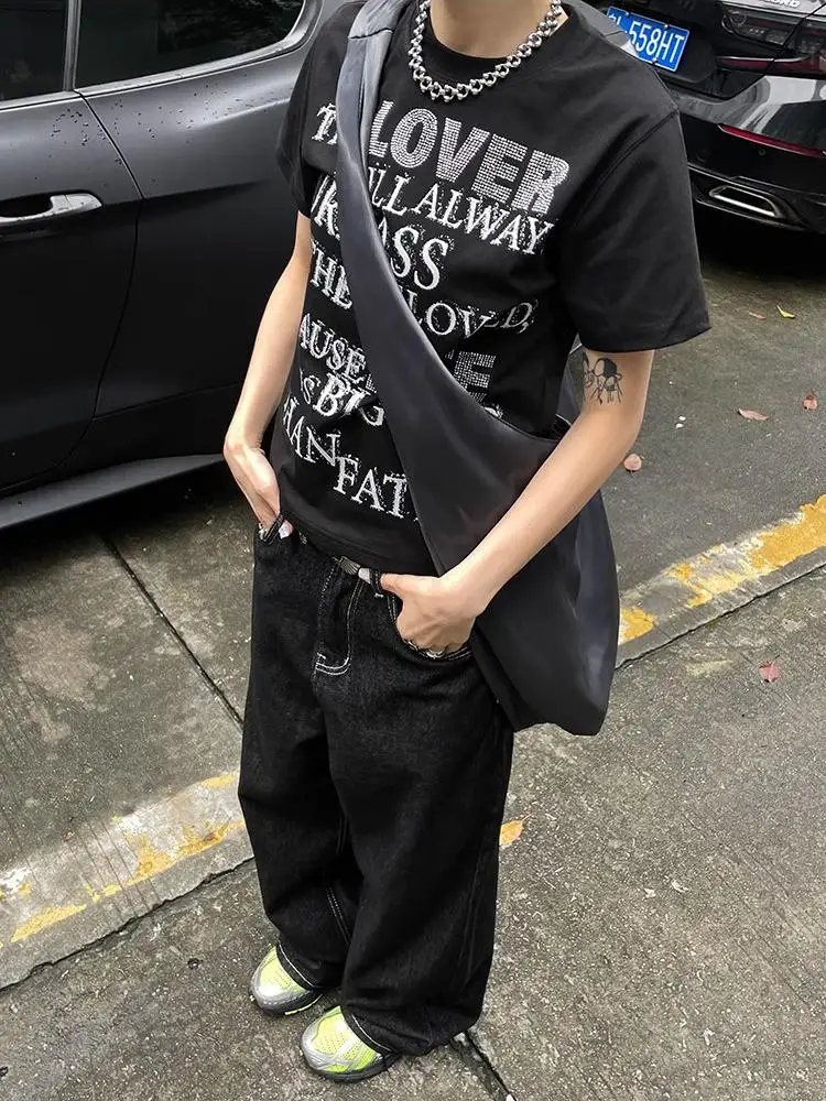 بنطلون جينز أمريكي عتيق واسع الساق للنساء Y2K مطرز باللون الأسود من قماش الدنيم عالي الخصر وفضفاض