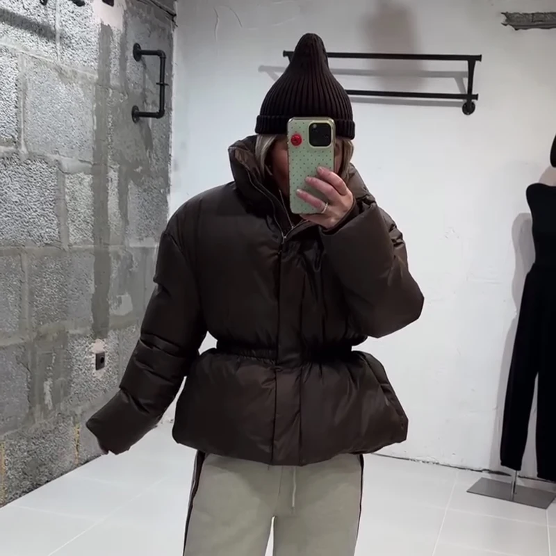 Back Half Zip Women's Winter Puffer Jackets Elastic Waist Ruffle Hem Cropped Padded Coat Loose Long Sleeve Warm Outerwear