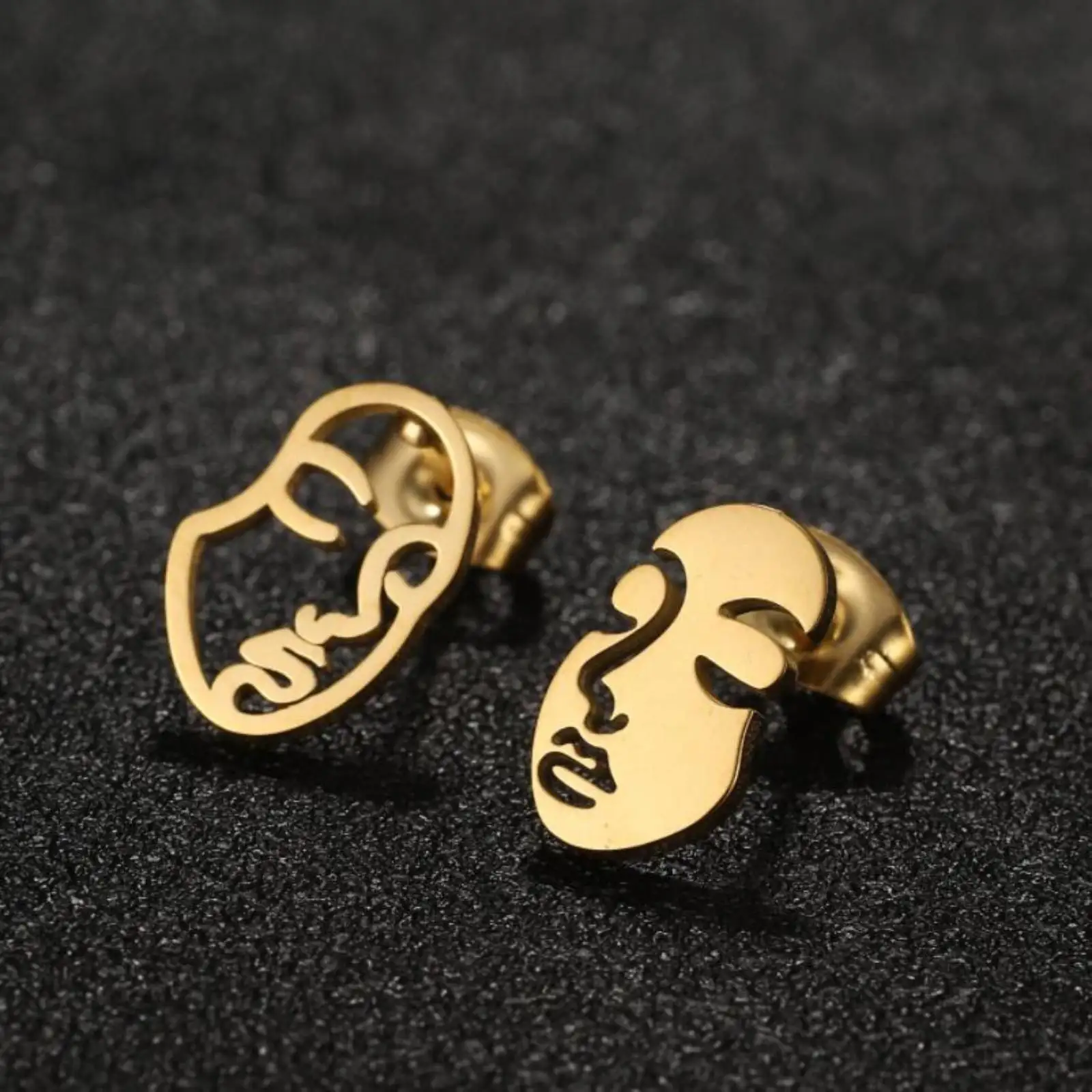 Künstlerische abstrakte Gesichts-Ohrstecker für Frauen und Mädchen, Edelstahl-Schmuck, Geschenk – Detail 1