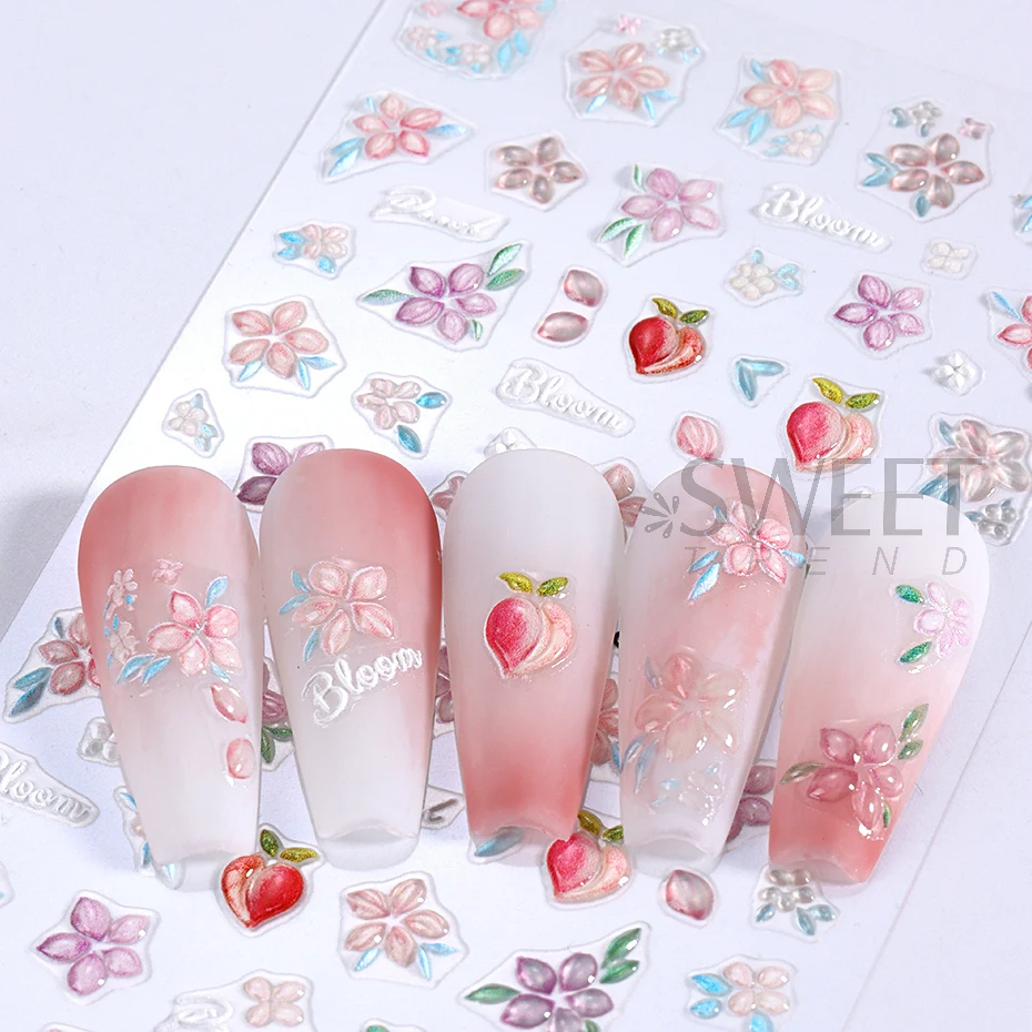 5D Spring Floral Embossed Nail Stickers Yellow Tulip Elegant Flowers Peach Adhesive Sliders Summer Simple Design Manicure Decals