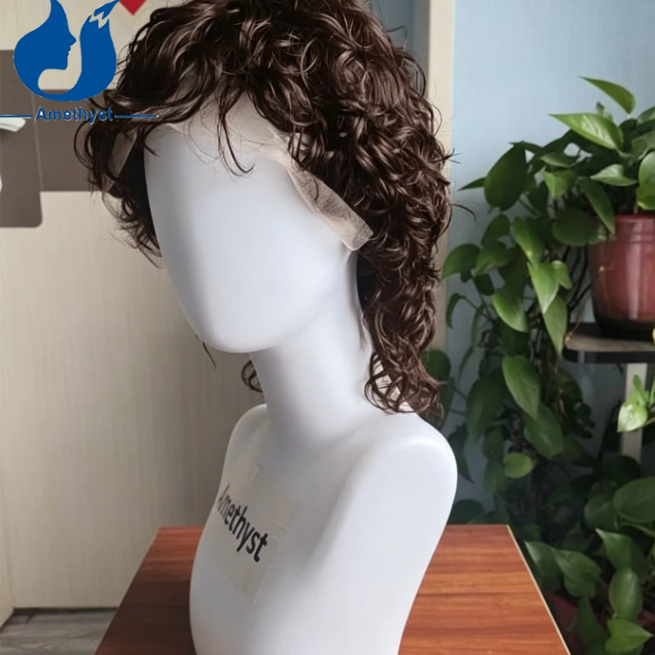 

Amethyst Color 2 Brown Curly Human Hair Wig with Bang Pre Plucked 13x6 Lace Front Wig Short Wolf Cut for Men Brazilian Remy