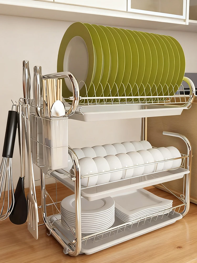 

3 Tiers Dish Drainer Large Kitchen Dish Storage Shelf Multifunctional Countertop Dish Drying Rack Drain Rack for Kitchen