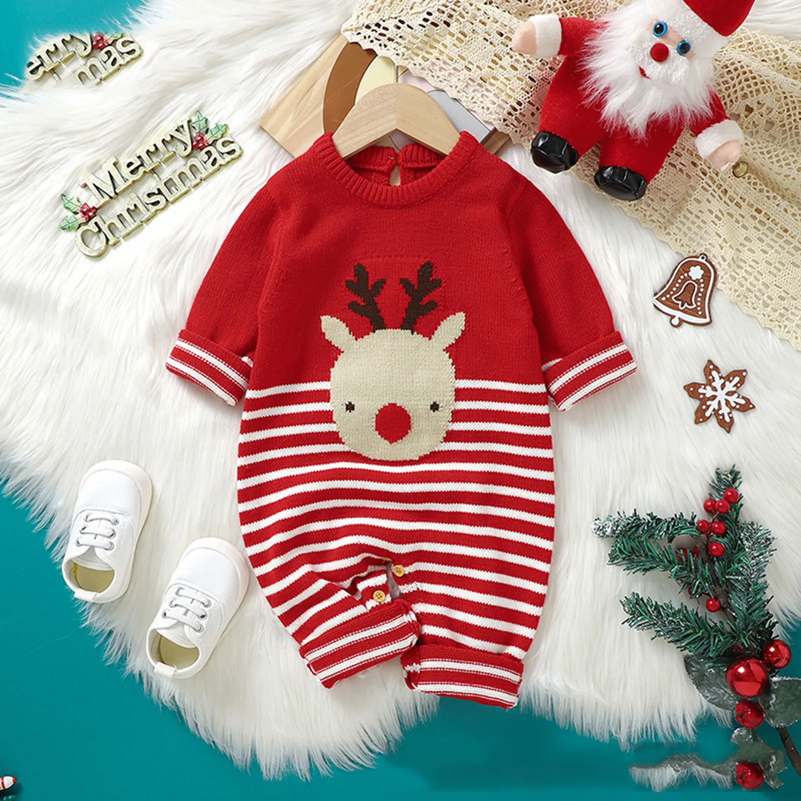 

Christmas Newborn Baby Romper Knit Infant Girl Boy Jumpsuit Long Sleeve Child Xmas Clothes Fashion Cute Elk 0-18M Overalls 2pcs