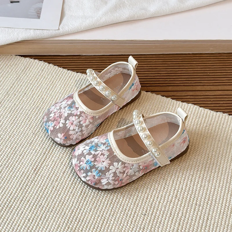 Flowers Embroidery Girls Ballet Flats Pearl Gradient Mesh Children Flats Shoes Breathable Soft Toddler Kids Princess Shoes