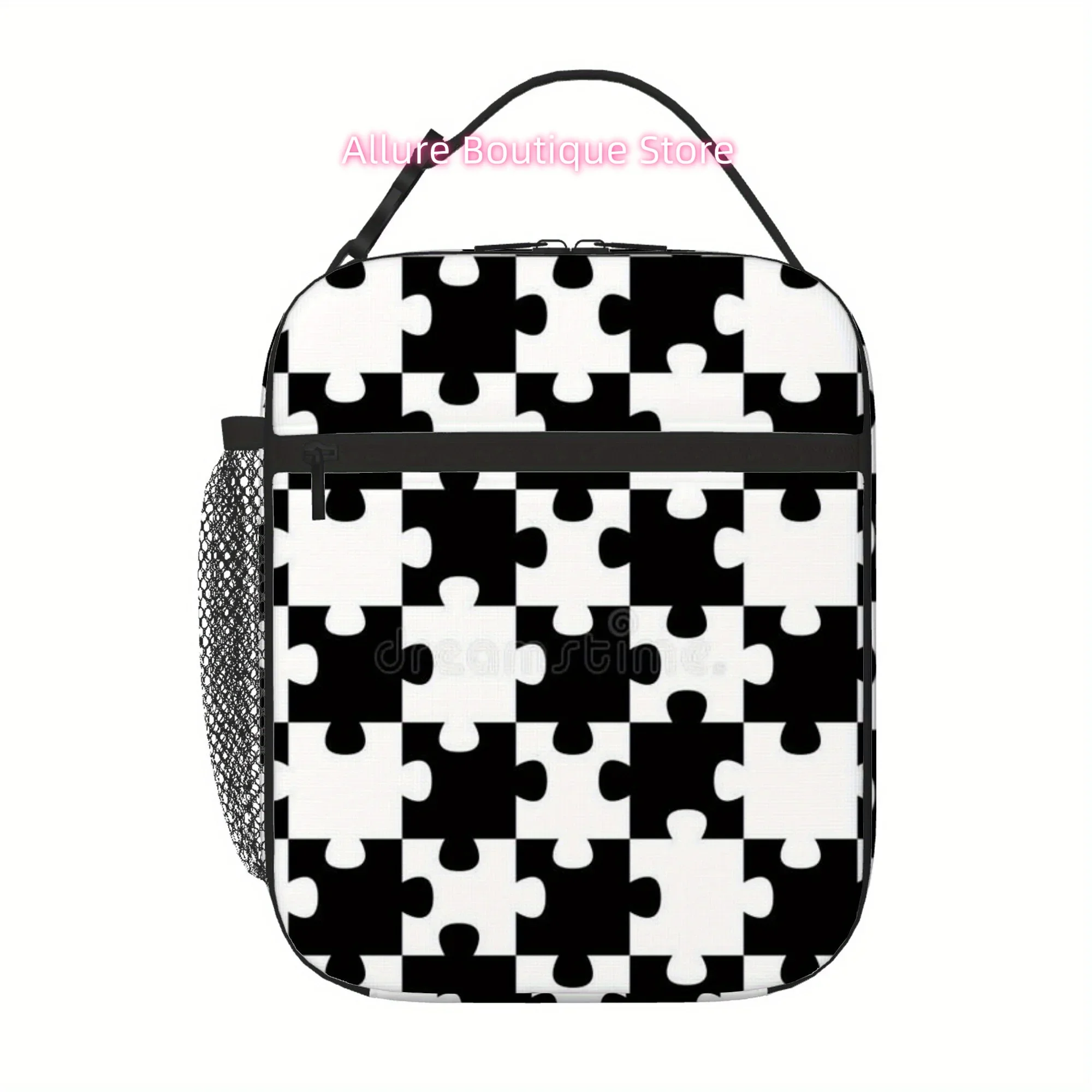 1pc, Puzzle Pieces Creating a Checkerboard Design. Thermal Printed Bag, Insulation Bag, Insulated Carrier, Not for Food Contact,