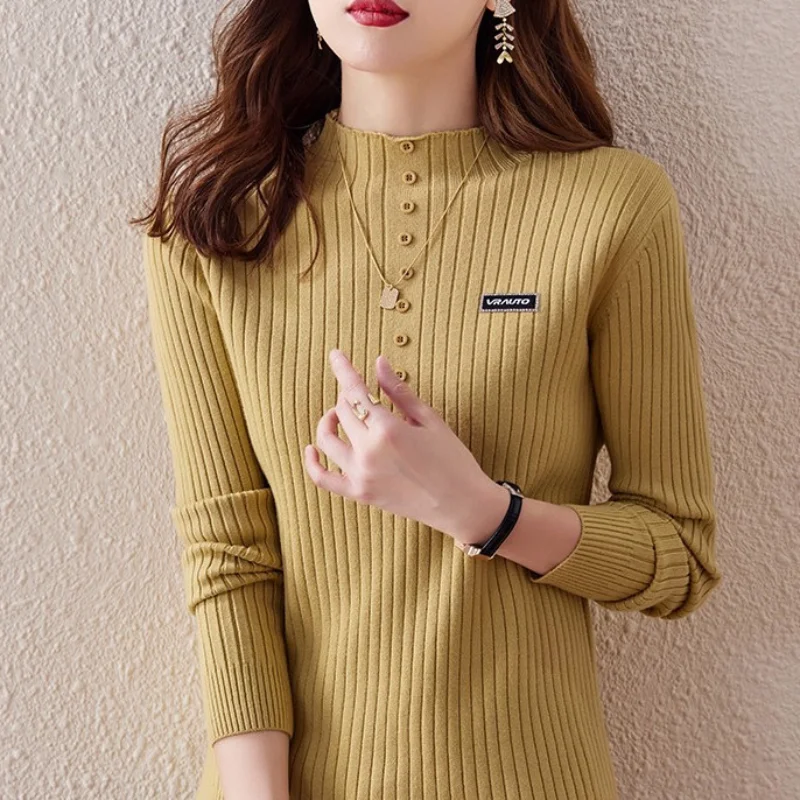 Autumn Winter New Korean Simple Solid Half High Neck Sweater Women\'s Striped Button Patchwork Long Sleeved Pullovers Knit Top