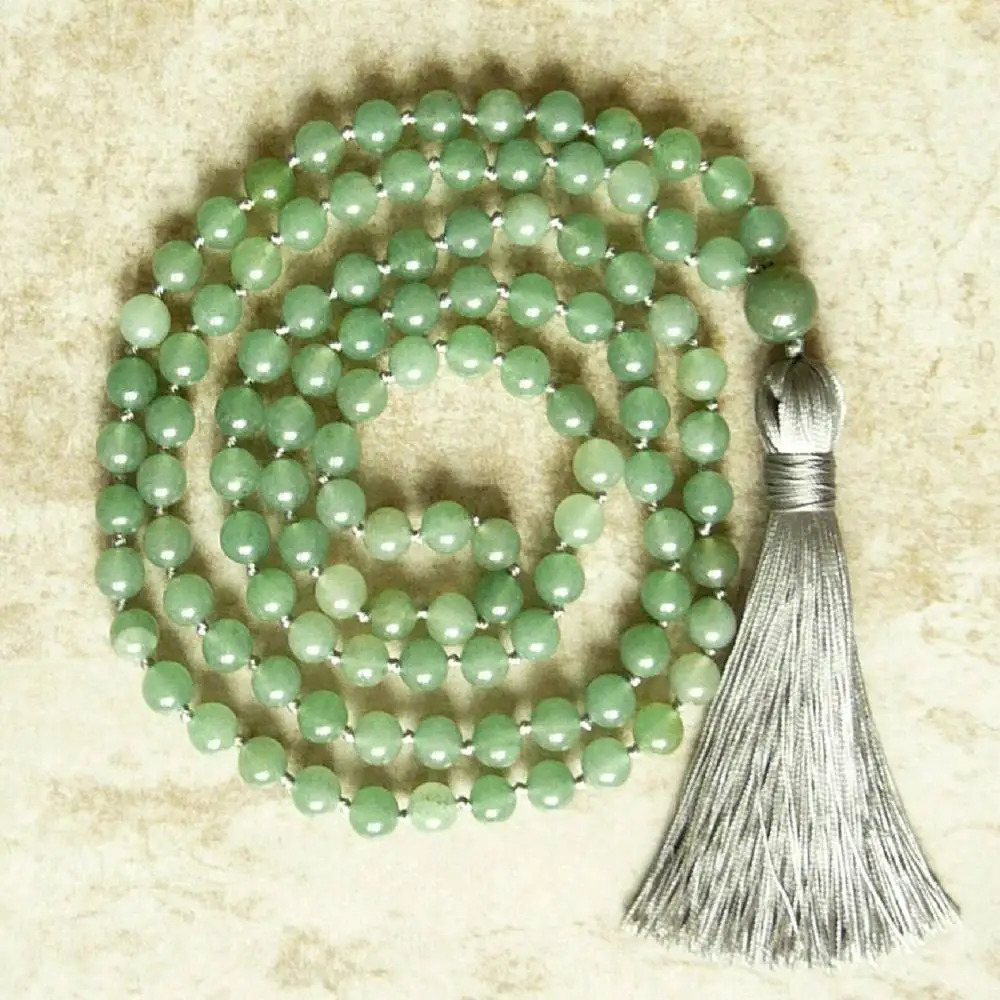 

Natural Green Aventurine 108 Mala Beads Necklace with Silver Tassel Prosperity & Heart Chakra Healing Crystal Jewelry