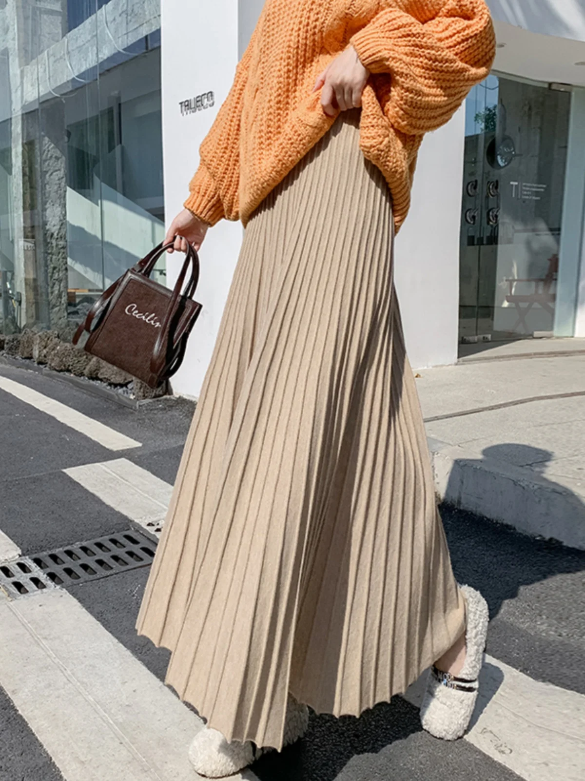 

High Waist Long Knitted Midi Skirt for Taller Women Bla A-Line Pleated Floor-Length Sweater Weather Autumn Winter New Sle