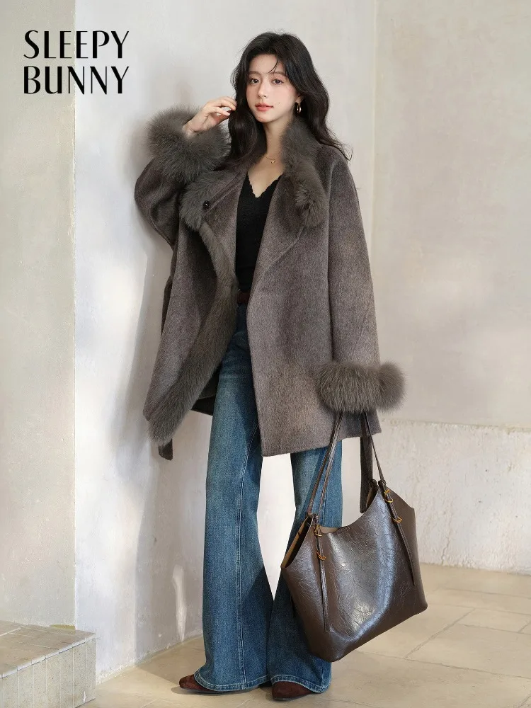 

Elegant Wool Coat for Women Lady Warm Double Sided Long Coat Plush Trim Outerwear Relaxed Fit Chic Winter Daily Commuter Style