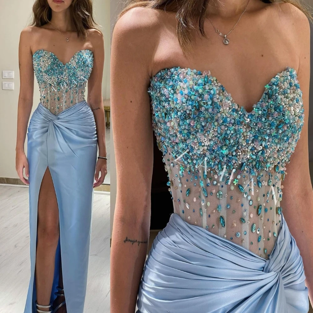 

Prom Dress Sweetheart Neckline Sheath Slit Skirt Sleeveless Sequin Beads Pearls Formal Occasion Evening Gowns فساتين مناسبات