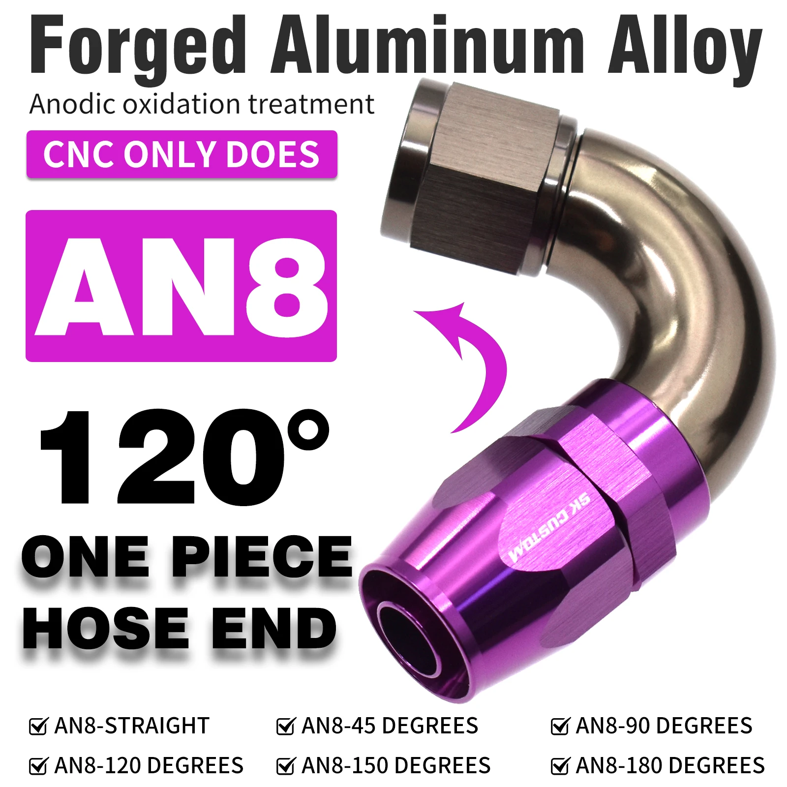 AN8 One Piece Hose End Forged Aluminum Alloy Swivel Fuel Fitting Adapter Str0° 45° 90° 120° 150° 180° Interface Purple SK CUSTOM