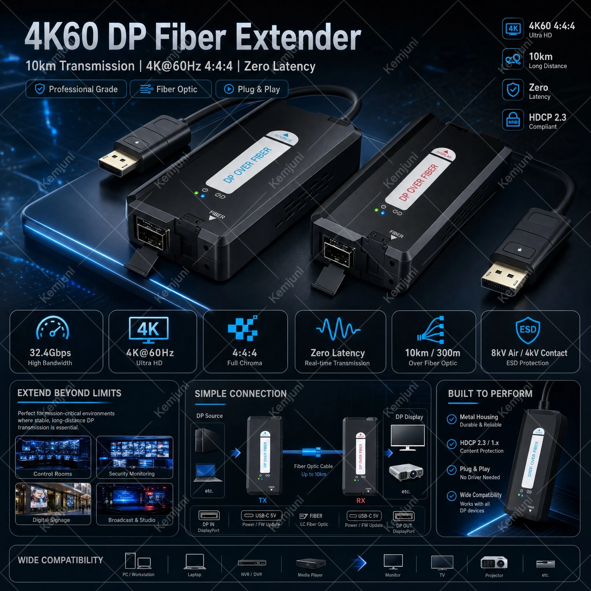 DP Fiber Extender HD 4K 60HZ Synchronous Fiber Receiver 10KM LC Interface Single-mode Multi-mode Delay Free Transmission Line