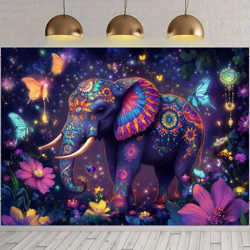 1pc Psychedelic Elephant Galaxy Stars Butterflies 2D Flat Tapestry Backdrop For Bedroom Decor Trippy Art Wall Hanging Poster