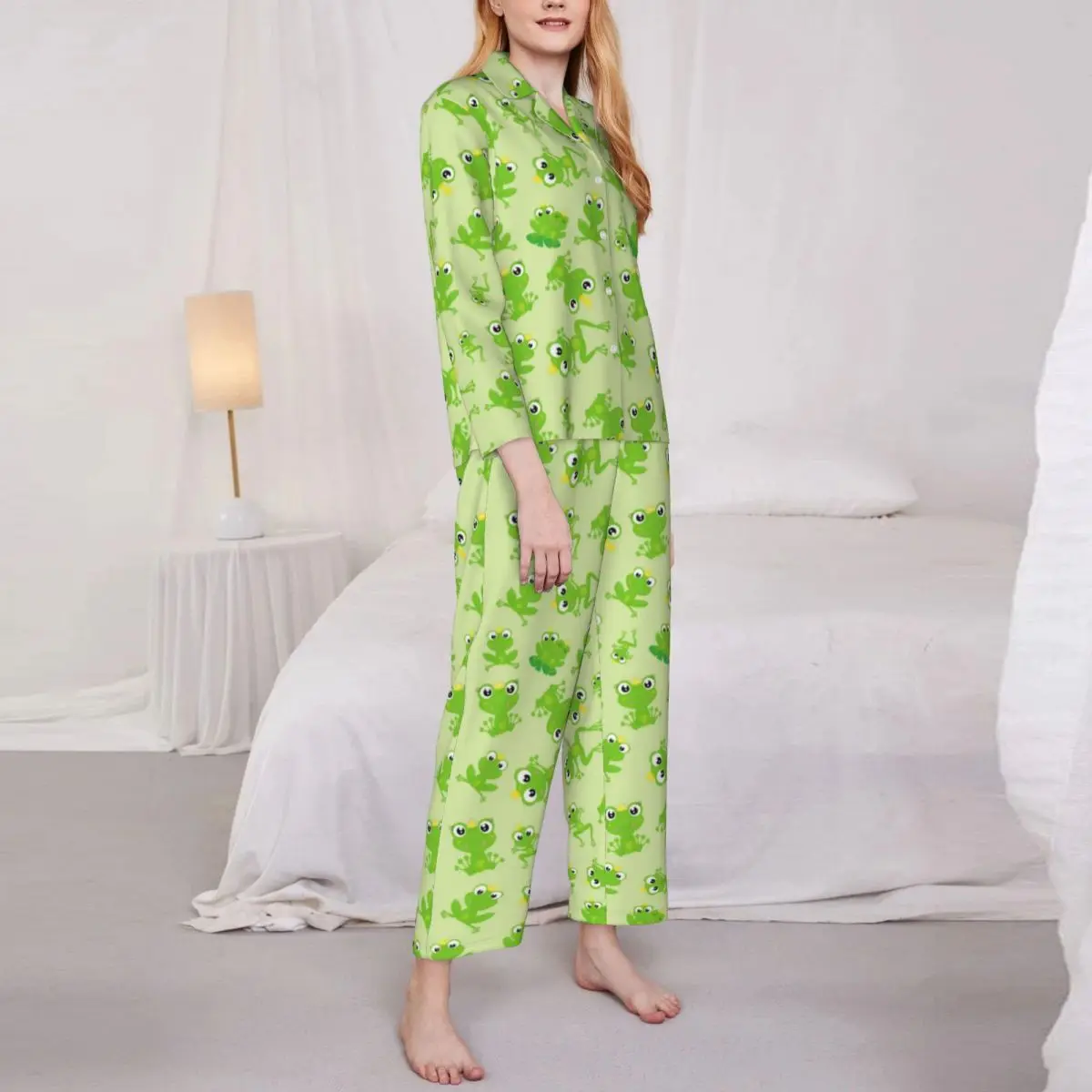 

Frog Prince Pattern Sleepwear Spring Kawaii Green Cartoon Frogs Casual Oversize Pajama Sets Female Long-Sleeve Daily Nightwear