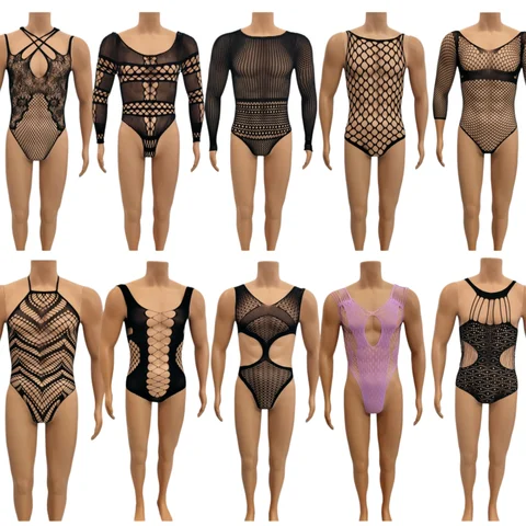 Men Sexy Hollow Fishnet Bodysuit Long Sleeve Sleeveless See Through Mesh Male Crossdresser Night Club Roleplay Lingerie intimate