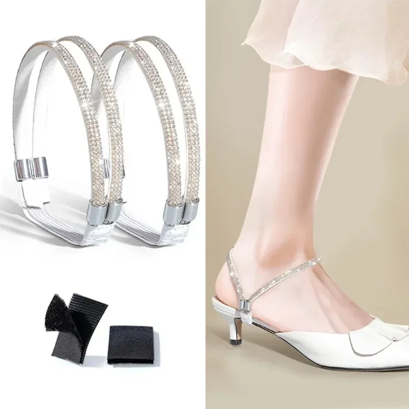 2pcs Rhinestone High Heels Shoes Band Anti-loose Women Diamond Shoelaces Anti-drop Heel Straps Belt Drill Elastic Fixed Belts