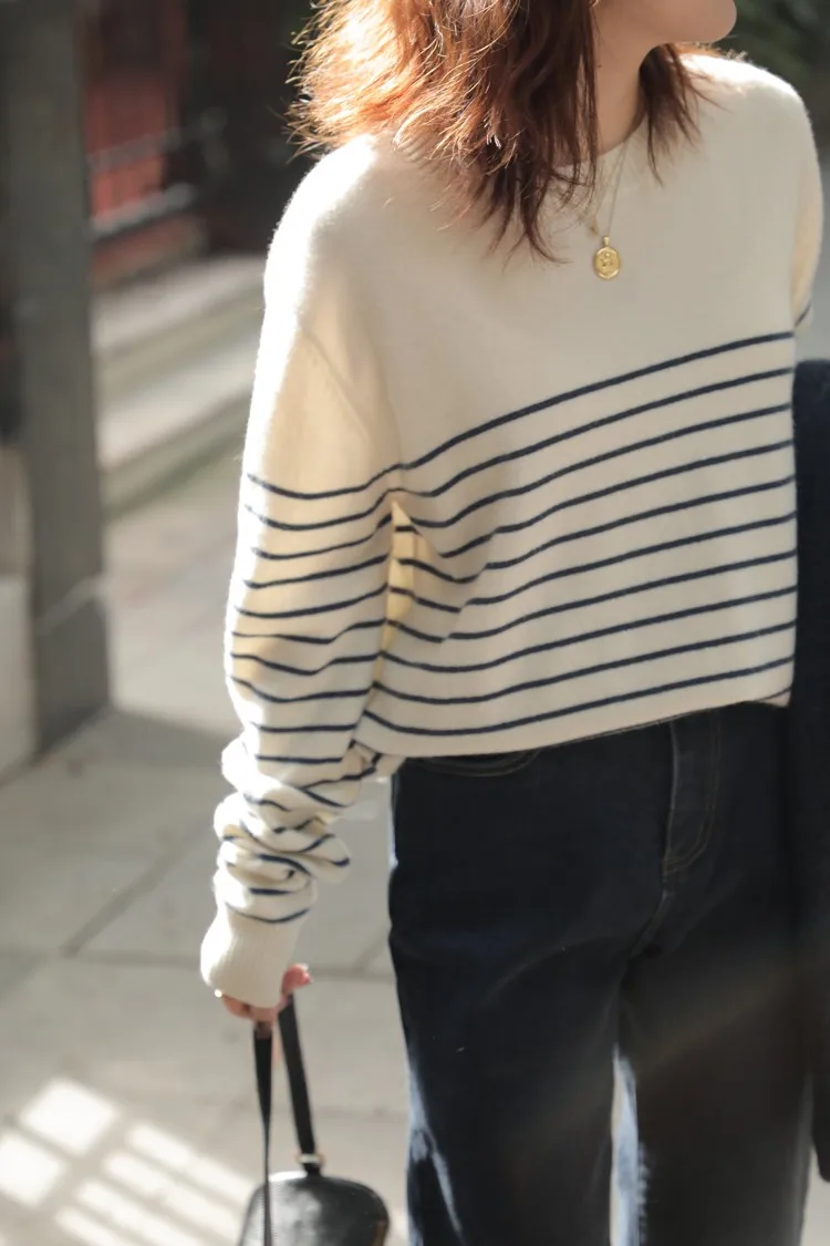 Autumn Winter New Striped cashmere Sweater Woman O-Neck Pullover Casual Knitted Striped Cashmere Female Sweater