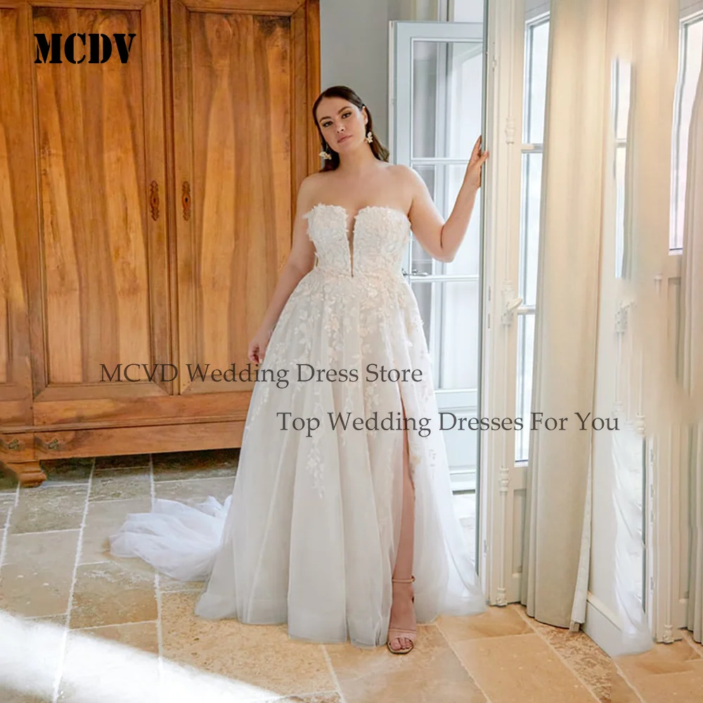 

MCDV Plus Size Wedding Dresses Applique Side Split Tulle Strapless Bride Gowns Beach Sleeveless vestido de noiva Customized